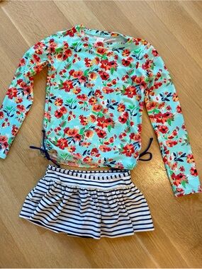 Kids Floral Long-Sleeve Rash Guard Swim Top and Striped Swim Skirt - Aqua Floral